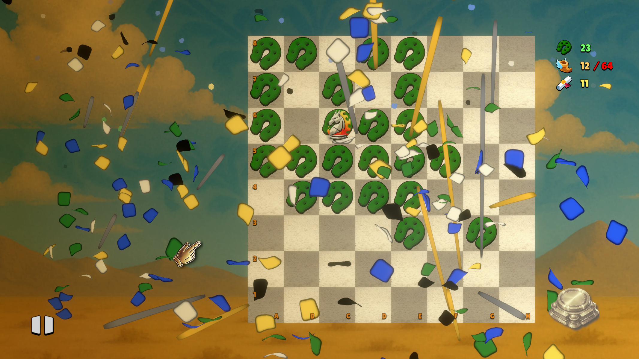 Four Knight Variant gameplay on an 8×8 chess-inspired puzzle board.